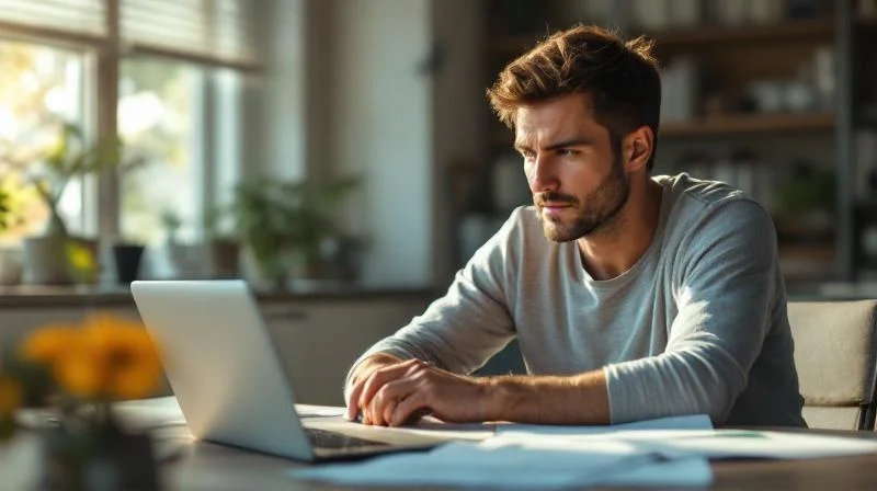 Berufstaetige Frau liest Foerderunterlagen am Schreibtisch in Mainz