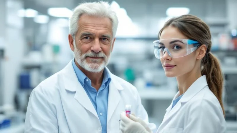 Mainzer Pharma-Ausbilder erklärt einer Auszubildenden eine Laborprobe in einem hellen Labor