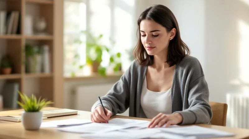 Frau am Schreibtisch in Mainz bereitet Unterlagen fuer die Agentur fuer Arbeit vor