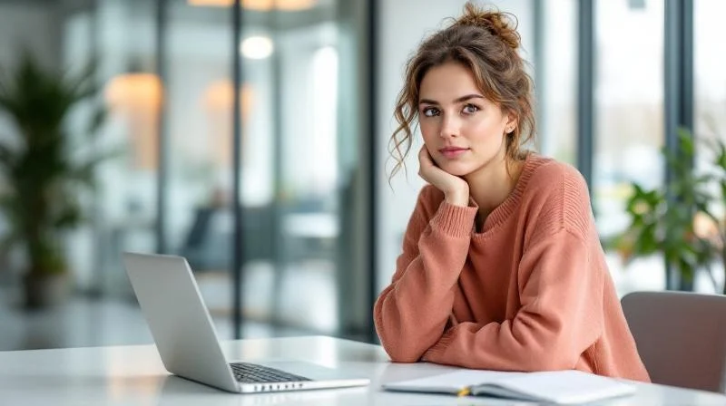 Frau sitzt mit Notizbuch und Laptop in einem hellen Buero in Mainz