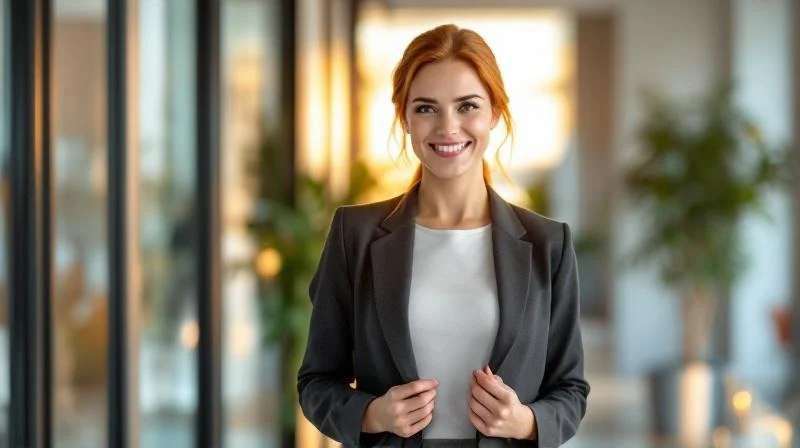 Frau haelt stolz ein IHK-Zeugnis in den Haenden in einem Buero in Mainz