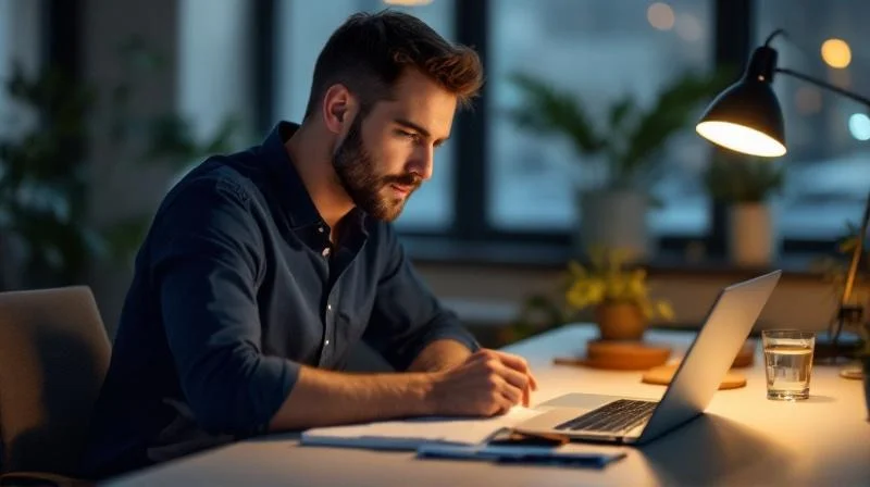 Mann mittleren Alters lernt abends am Laptop in einem modernen Buero in Mainz