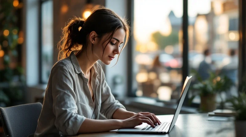 Mainzer Angestellter im Coworking-Space mit Laptop, im Hintergrund Rheinpromenade