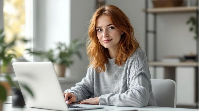 Frau mit Laptop arbeitet konzentriert an einem modernen Schreibtisch in Mainz