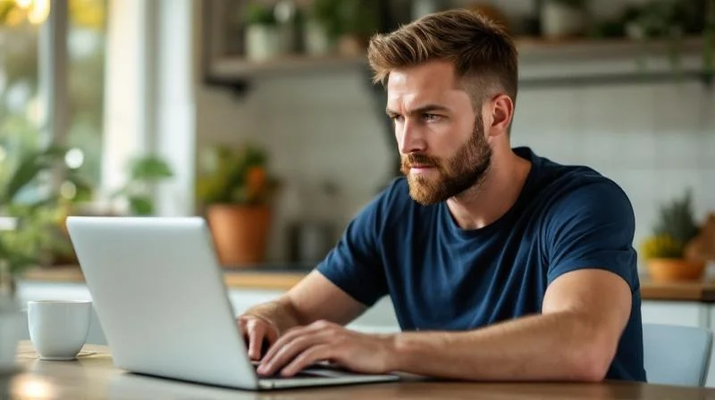 Mann arbeitet konzentriert am Laptop in einem modernen Arbeitsraum in Mainz