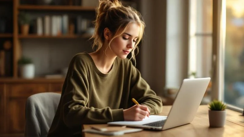 Frau lernt am Laptop in einem hellen Wohnzimmer mit Blick auf die Mainzer Altstadt