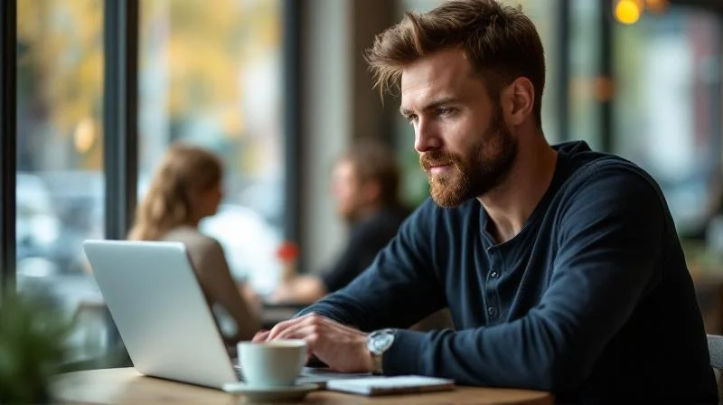 Mann arbeitet konzentriert am Laptop in einem Cafe in der Mainzer Innenstadt